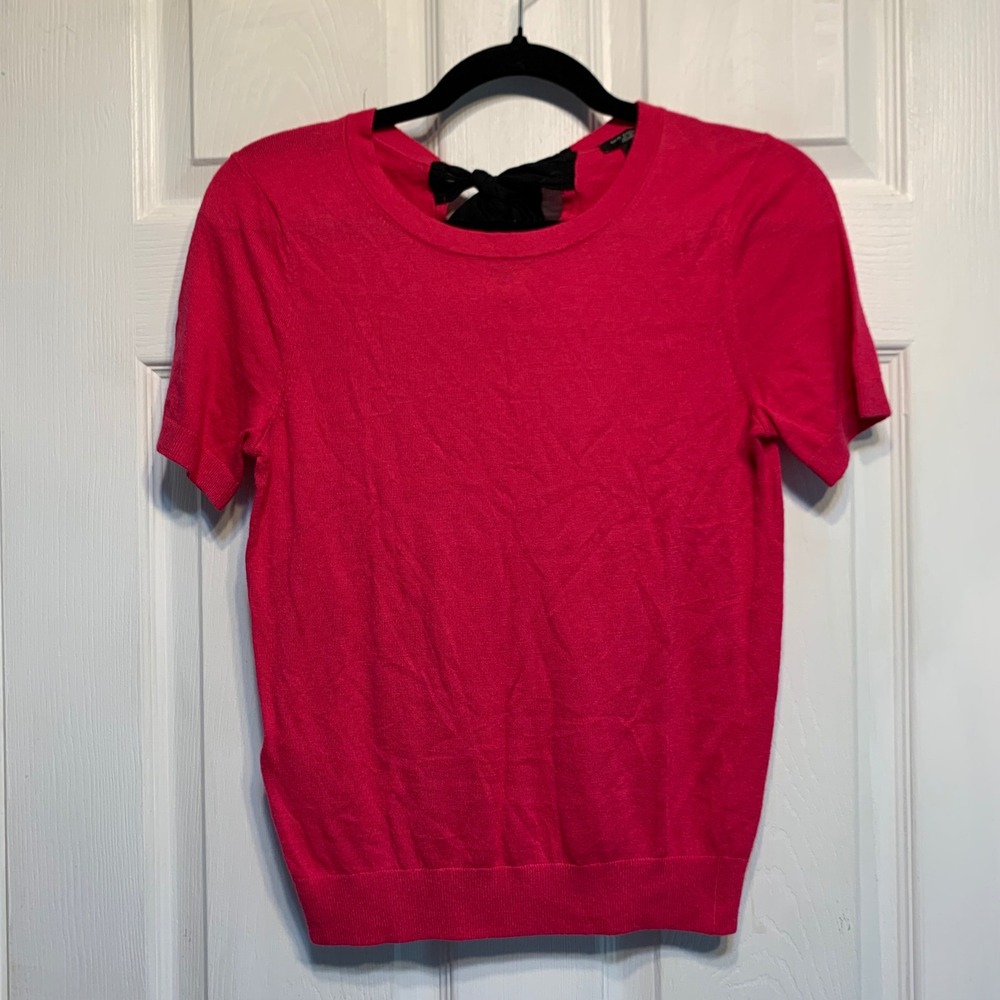 Ann Taylor Petite Short Sleeve Sweater XSP Pink Back Bow Knit Top Coquette Girly